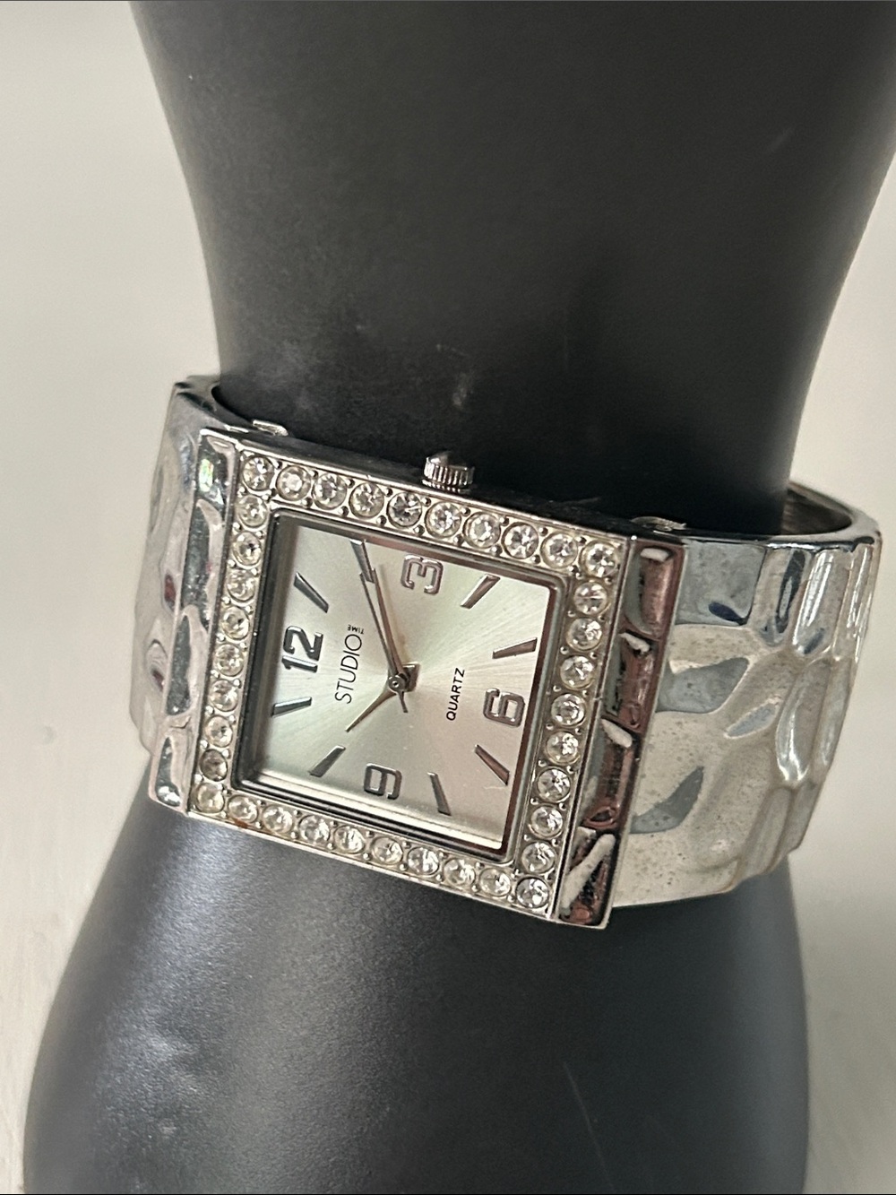 Studio Time women's silver-tone cuff bracelet watch with rhinestones NEW BATTERY